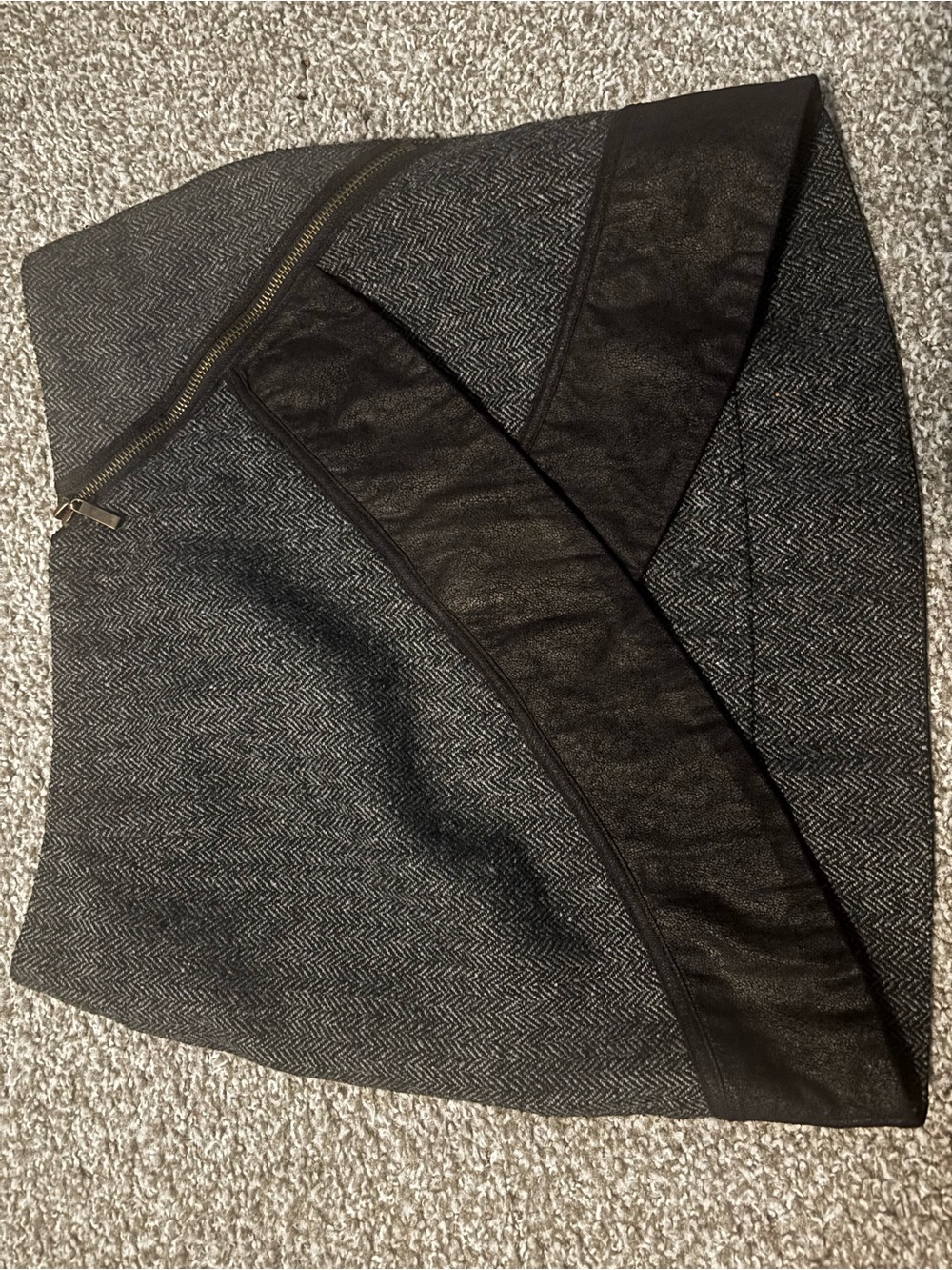 Very J Black Herringbone Asymmetrical Wrap Skirt with Faux Leather Trim